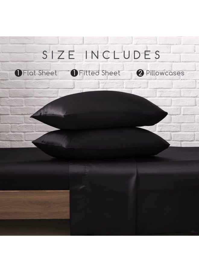 MR&HM مجموعة ملاءات سرير ساتين بحجم كوين 4 قطع مع حزام زاوية مرن وعمق 15 بوصة للمMattress كوين أسود - Image 2