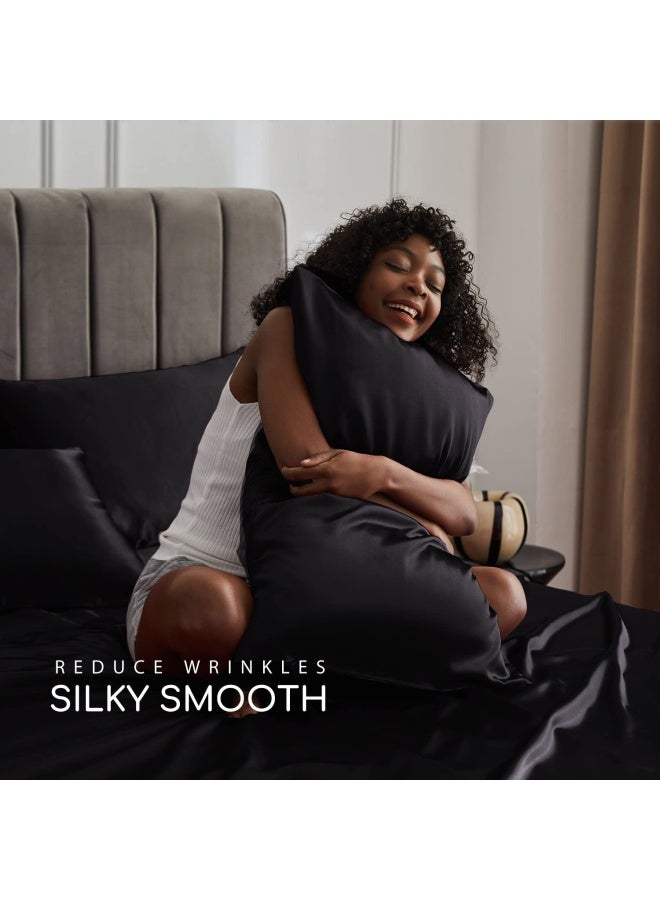 MR&HM مجموعة ملاءات سرير ساتين بحجم كوين 4 قطع مع حزام زاوية مرن وعمق 15 بوصة للمMattress كوين أسود - Image 4