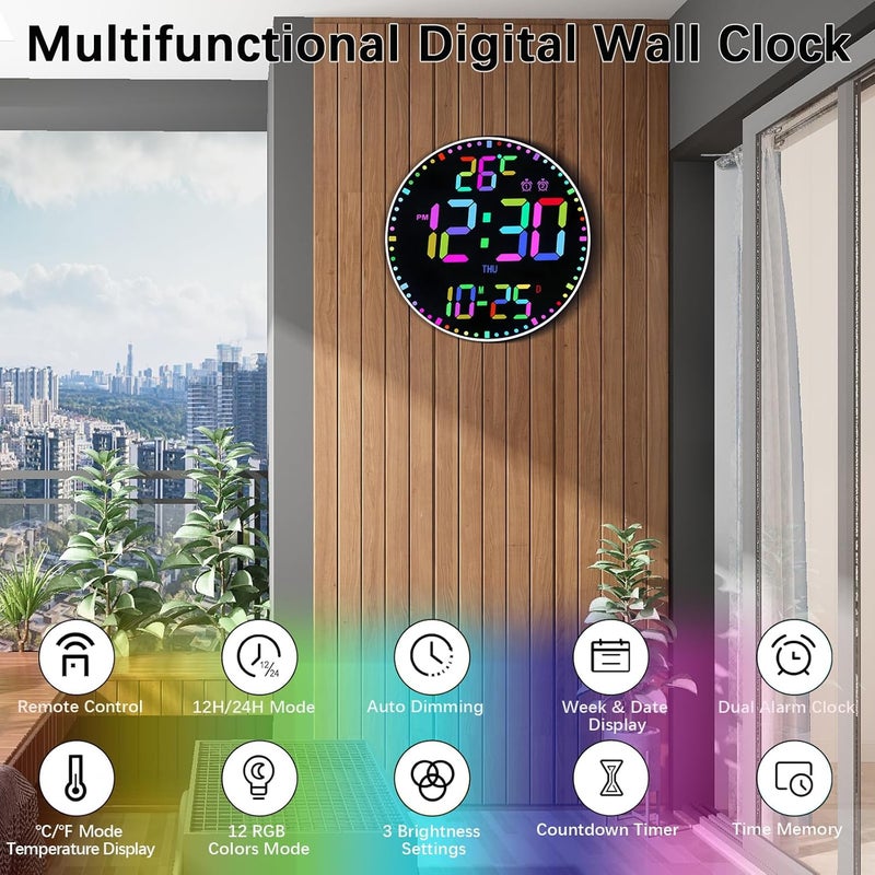 ساعة حائط رقمية 12 بوصة، ساعة حائط رقمية كبيرة LED، ساعة حائط مع 12 لون RGB وجهاز تحكم عن بعد، مؤقت عرض كبير LED 2025 مع درجة حرارة وتاريخ وأسبوع وسطوع قابل للتعديل - Image 3