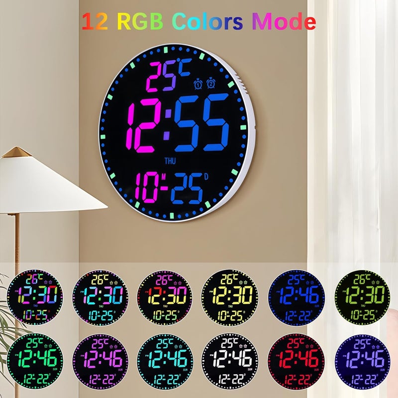 ساعة حائط رقمية 12 بوصة، ساعة حائط رقمية كبيرة LED، ساعة حائط مع 12 لون RGB وجهاز تحكم عن بعد، مؤقت عرض كبير LED 2025 مع درجة حرارة وتاريخ وأسبوع وسطوع قابل للتعديل - Image 4