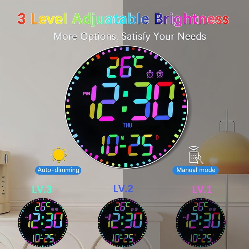 ساعة حائط رقمية 12 بوصة، ساعة حائط رقمية كبيرة LED، ساعة حائط مع 12 لون RGB وجهاز تحكم عن بعد، مؤقت عرض كبير LED 2025 مع درجة حرارة وتاريخ وأسبوع وسطوع قابل للتعديل - Image 5