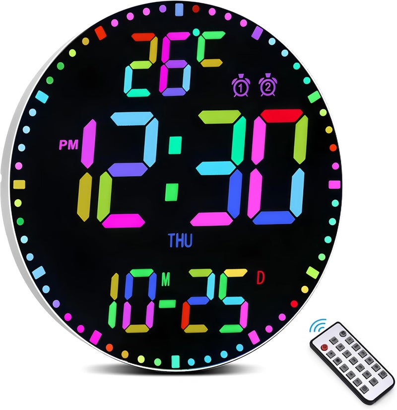 ساعة حائط رقمية 12 بوصة، ساعة حائط رقمية كبيرة LED، ساعة حائط مع 12 لون RGB وجهاز تحكم عن بعد، مؤقت عرض كبير LED 2025 مع درجة حرارة وتاريخ وأسبوع وسطوع قابل للتعديل - Image 1
