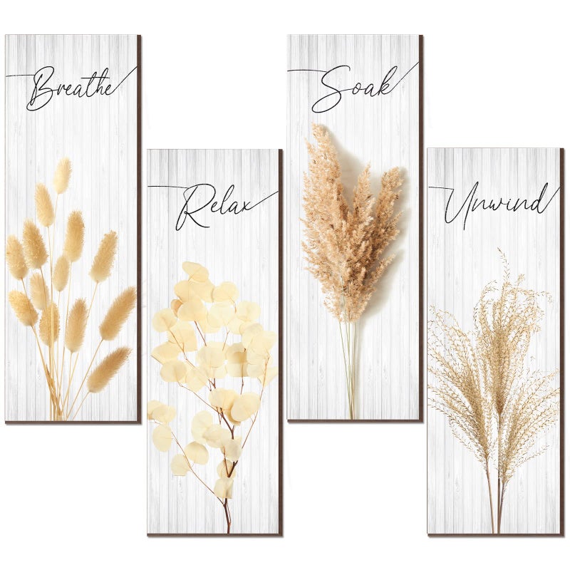 Yulejo 4 قطع ديكور جدران الحمام بأسلوب بوهيمي للاسترخاء والراحة والتنفس لافتة خشبية طباعة ريفية ديكور أنيق للحمام لمكان السبا والمزرعة والديكور المنزلي ومطبخ الإكسسوارات