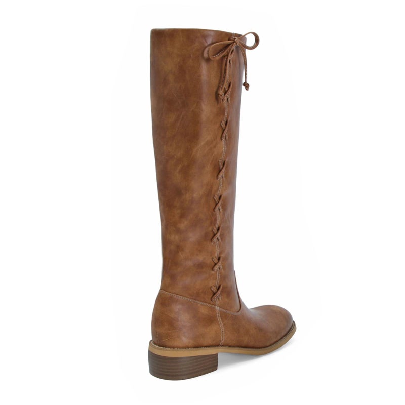 MICIFA Brown Knee High Boots for Women Side-Lace Round Toe Chunky Heel Leather Campus Riding Tall Boots Fashion Wide Calf Motorcycle Biker Boot - Image 5