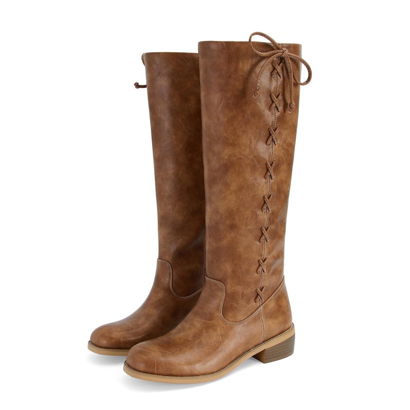 MICIFA Brown Knee High Boots for Women Side-Lace Round Toe Chunky Heel Leather Campus Riding Tall Boots Fashion Wide Calf Motorcycle Biker Boot - Image 4