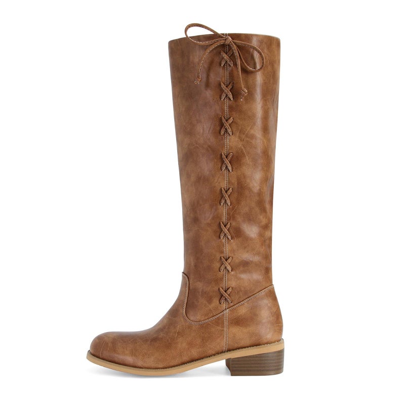 MICIFA Brown Knee High Boots for Women Side-Lace Round Toe Chunky Heel Leather Campus Riding Tall Boots Fashion Wide Calf Motorcycle Biker Boot - Image 1