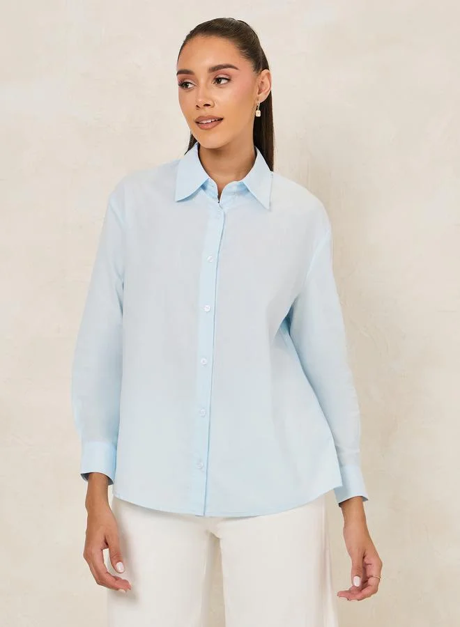 Styli Solid Oversized Oxford Shirt with Buttons