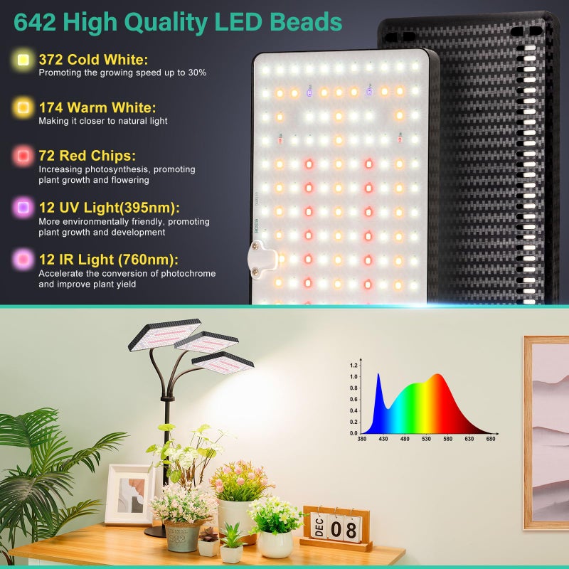LBW Upgraded Desk Grow Lights for Indoor Plants, Tri-Head 642 LEDs Tabletop Full Spectrum Grow Light, with 3/6/12H Timer, 6 Brightness Levels, 3 Lighting Modes, Height Adjustable for 10-26 inches - Image 3