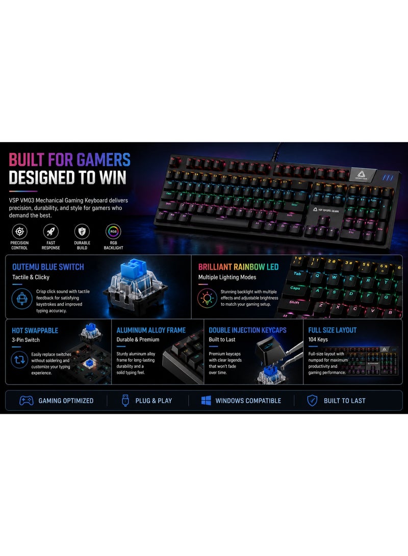 VSP VM03 Gaming Mechanical Keyboard – Hot Swappable Blue Switches (Outemu) – Aluminum Alloy Frame – Rainbow LED Backlit – Anti-Ghosting Mechanical Gaming Keyboard - Image 5