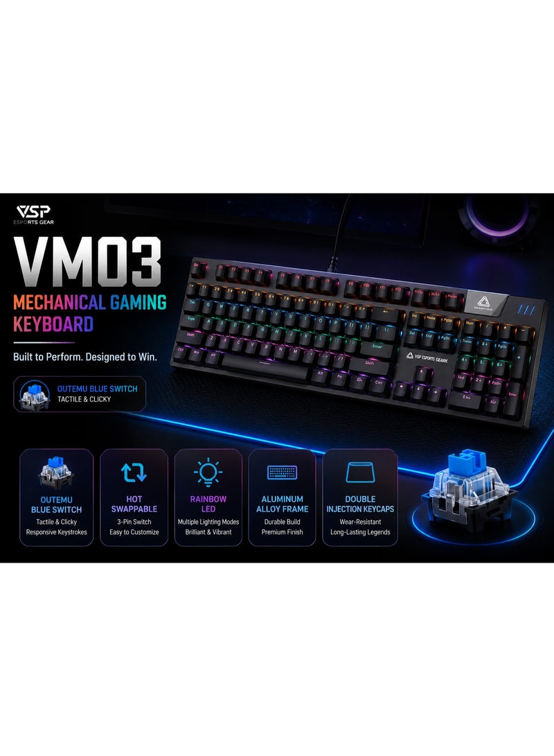 VSP VM03 Gaming Mechanical Keyboard – Hot Swappable Blue Switches (Outemu) – Aluminum Alloy Frame – Rainbow LED Backlit – Anti-Ghosting Mechanical Gaming Keyboard - Image 3