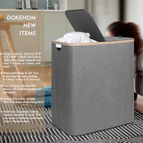 DOKEHOM 160L Double Laundry Basket with Removable Lid and Laundry Bags, Large Collapsible Laundry Hamper with 2 Sections (Dark Grey) - Image 2