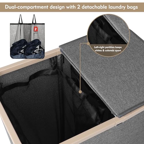 DOKEHOM 160L Double Laundry Basket with Removable Lid and Laundry Bags, Large Collapsible Laundry Hamper with 2 Sections (Dark Grey) - Image 4