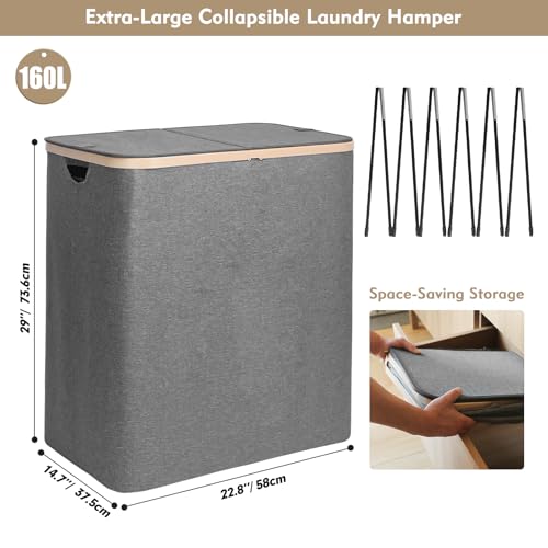 DOKEHOM 160L Double Laundry Basket with Removable Lid and Laundry Bags, Large Collapsible Laundry Hamper with 2 Sections (Dark Grey) - Image 3