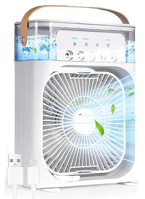 مروحة رذاذ محمولة بثلاث سرعات مع 5 فوهات، خزان سعة 600 مل وأضواء LED، مؤقت USB للتبريد الخارجي والتخييم والفناء، لون أبيض