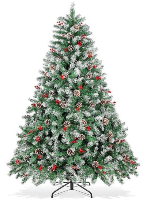 240cm Snowy Artificial Christmas Tree, Snow Flocked Artificial Trees with Pine Cones Berries Pre-Decorated, 1200 Frosted Branch Tip
