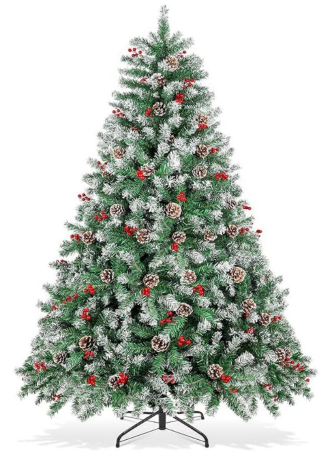 240cm Snowy Artificial Christmas Tree, Snow Flocked Artificial Trees with Pine Cones Berries Pre-Decorated, 1200 Frosted Branch Tip
