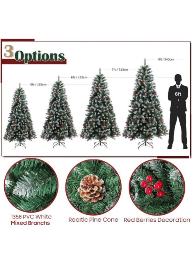 240cm Snowy Artificial Christmas Tree, Snow Flocked Artificial Trees with Pine Cones Berries Pre-Decorated, 1200 Frosted Branch Tip
