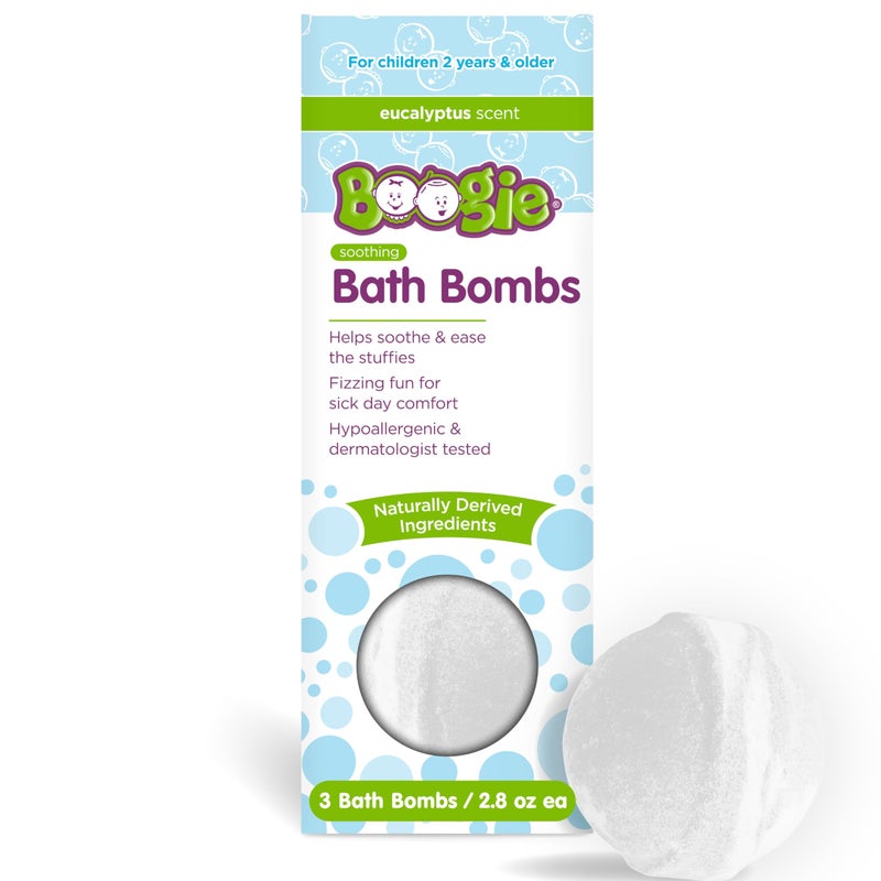 Boogie Wipes قنابل استحمام بوغي كيدز، مهدئة، مستخلصة طبيعياً، مصنوعة من الألوة وفواحات مهدئة، يوكاليبتوس، 3 قنابل استحمام، 2.8 أونصة، عبوة من 1 - Image 1