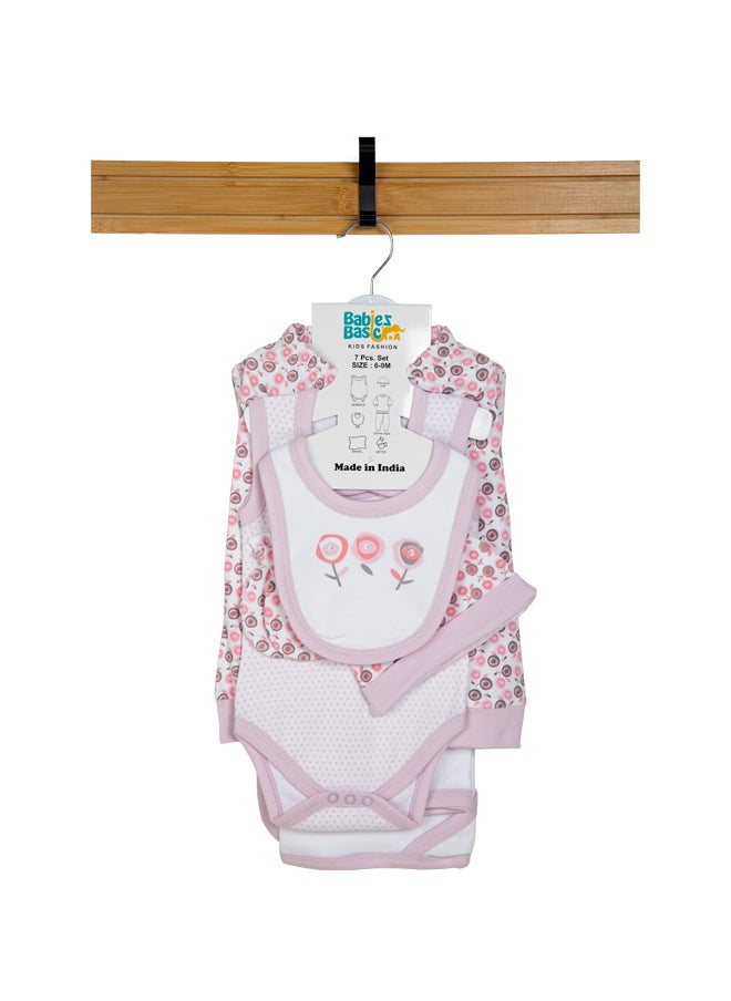 Babies Basic 7 Piece Unisex 100% Cotton Gift Set Include Bib, Blanket, Mitten, Cap, Romper, Top And Bottom Set, Light Mouve  - Image 1