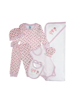 Babies Basic 7 Piece Unisex 100% Cotton Gift Set Include Bib, Blanket, Mitten, Cap, Romper, Top And Bottom Set, Light Mouve  - Image 4