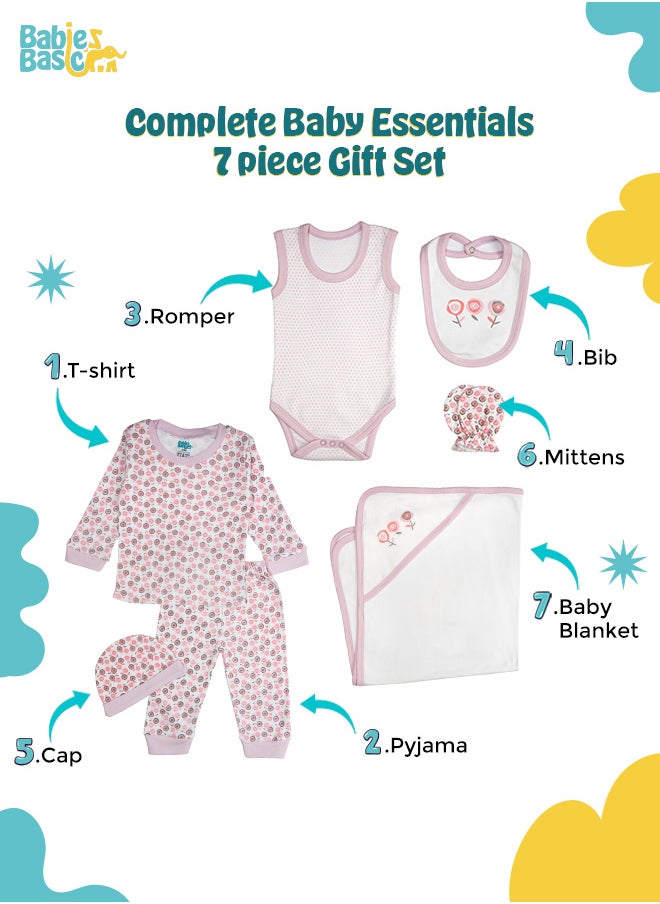 Babies Basic 7 Piece Unisex 100% Cotton Gift Set Include Bib, Blanket, Mitten, Cap, Romper, Top And Bottom Set, Light Mouve  - Image 3