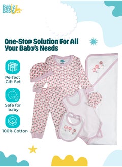Babies Basic 7 Piece Unisex 100% Cotton Gift Set Include Bib, Blanket, Mitten, Cap, Romper, Top And Bottom Set, Light Mouve  - Image 2