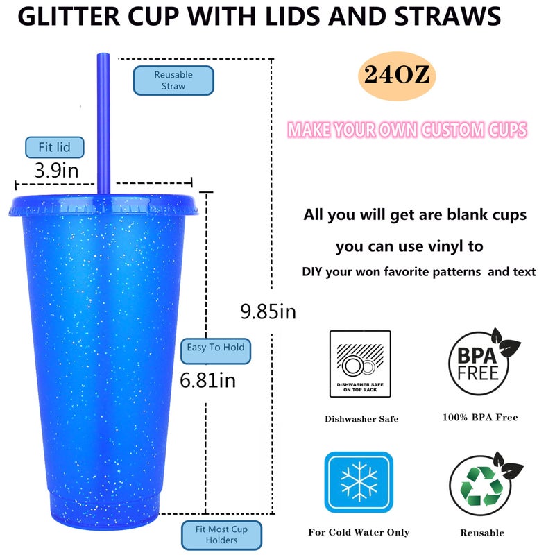 Suertestarry Plastic Tumblers with Lids and Straws Water Bottle Iced Coffee Travel Mug Cup Reusable Cups Perfect for Parties Birthdays  24oz-5 Pack (Sparkling Glitter) - Image 2
