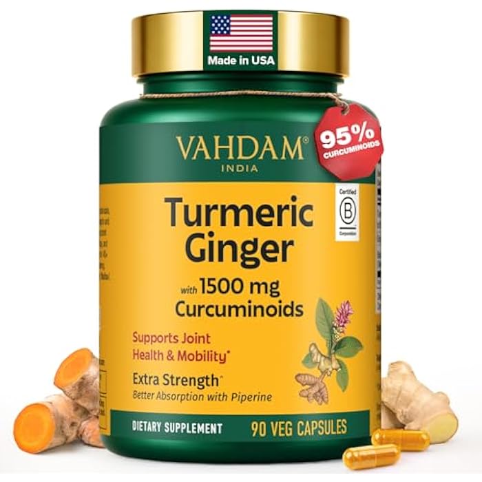 VAHDAM Extra Strength Turmeric Ginger Supplement with 1500mg Curcuminoids per Serving | Added Piperine for Better Absorption | Supports Joint Health and Mobility | 90 Veg Capsules - Image 1