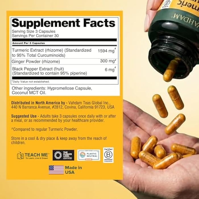 VAHDAM Extra Strength Turmeric Ginger Supplement with 1500mg Curcuminoids per Serving | Added Piperine for Better Absorption | Supports Joint Health and Mobility | 90 Veg Capsules - Image 2