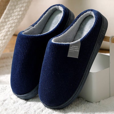Plush Cotton Slippers Warm Non-slip Indoor Couples Home Navy blue with cloth label 