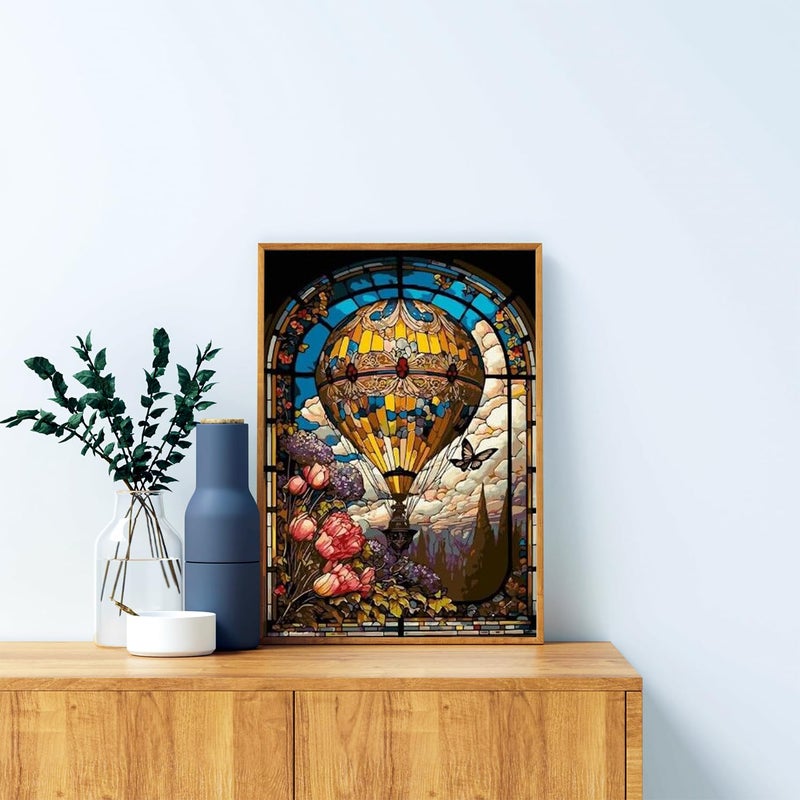 hkejoi Hot Air Balloon Diamond Painting Kits for Adults,Stained Glass Diamond Art Kits for Adults,Hot Air Balloon Gem Art Kits for Home Wall Decor 12x16 inch - Image 3