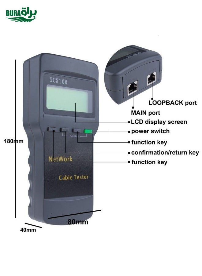 BURAQ - Portable Wireless Network cable Tester SC8108 LCD Digital PC Data Network CAT5 RJ45 LAN Phone Cable Tester Meter(Grey) - Image 1