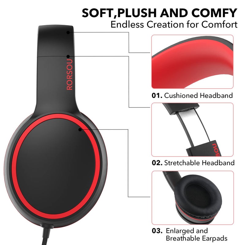 RORSOU R10 On-Ear Headphones with Microphone, Lightweight Folding Stereo Bass Headphones with 1.5M No-Tangle Cord, Portable Wired Headphones for Smartphone Tablet Computer MP3 / 4 (Black) - Image 4