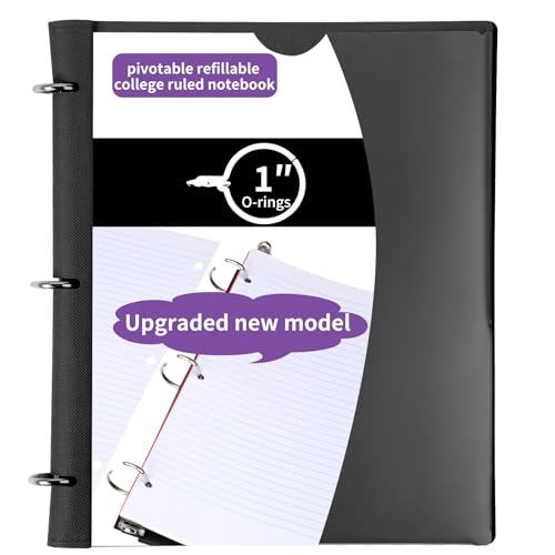 Tashkummy Pivotable Refillable Notebook, Upgraded 1 Inch 3 Ring Notebook Binder, 50 College Ruled Paper, 5 Subject Notebook with Dividers and Folder Pockets, Tabs- Black - Image 1
