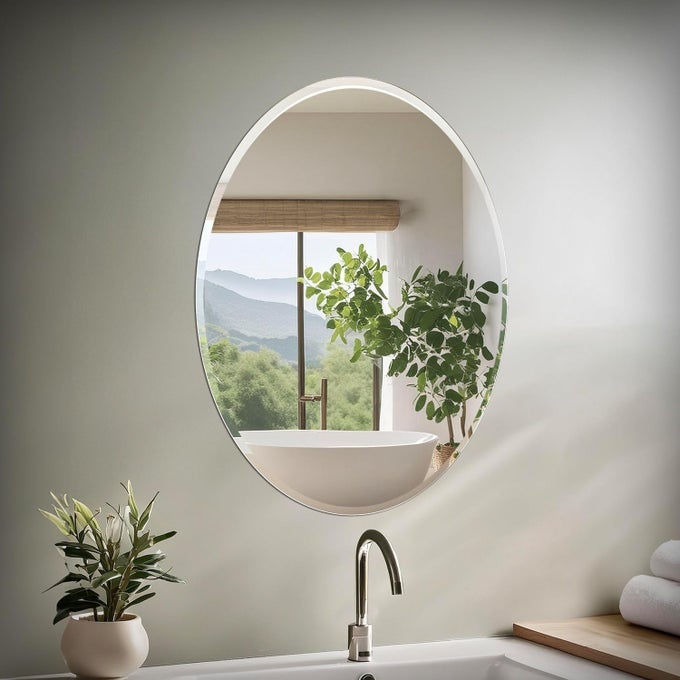 1801 BATHROOM WALL MIRROR 32H X 24W MODERN MIRROR FOR LIVING ROOM VANITY SLIM DESIGN BEVELED FRAMELESS LARGE OVAL MIRROR EASY MOUNT SAFETY BRACKET