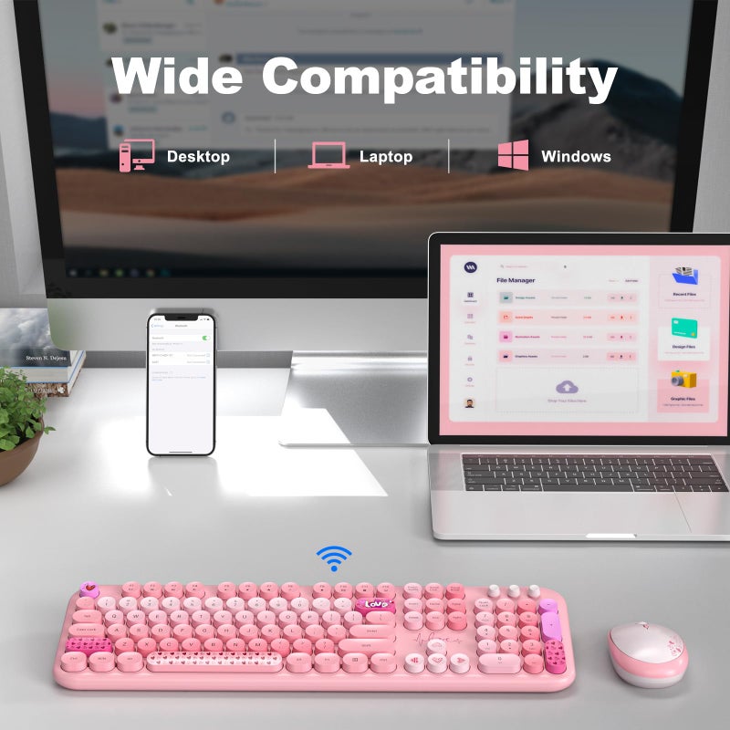 Atelus Wireless Keyboard and Mouse, Typewriter Full Size Keyboard with Number Pad and 2 in 1 USB Connected Mouse for Windows 7/8/10, Laptop, Desktop, PC, Computer (Pink Colorful) - Image 4