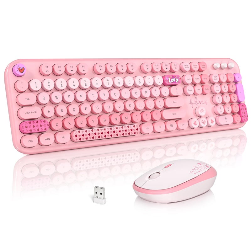 Atelus Wireless Keyboard and Mouse, Typewriter Full Size Keyboard with Number Pad and 2 in 1 USB Connected Mouse for Windows 7/8/10, Laptop, Desktop, PC, Computer (Pink Colorful) - Image 1