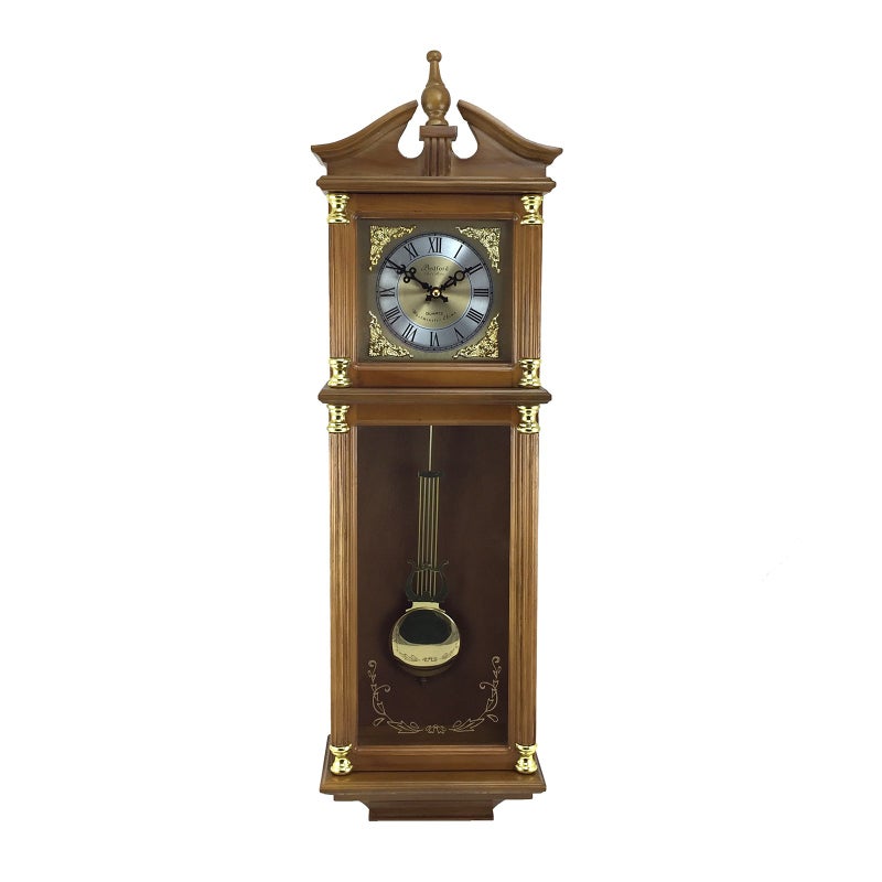 Bedford Clock Collection 345 Inch Chiming Pendulum Wall Clock in Antique Harvest Oak Finish