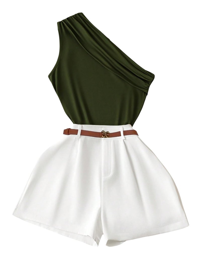 WDIRARA Women's 2 Piece Shorts Set One Shoulder Sleeveless Outfits Multicolor Small - Image 1