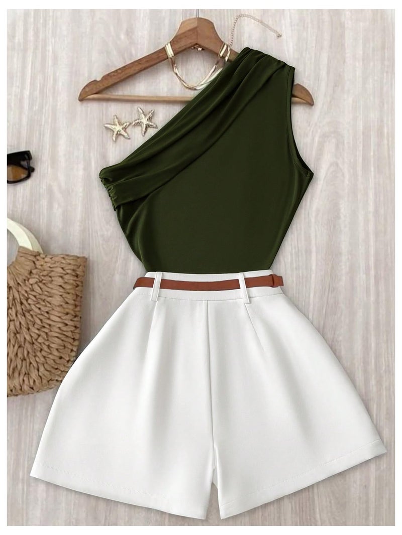 WDIRARA Women's 2 Piece Shorts Set One Shoulder Sleeveless Outfits Multicolor Small - Image 2