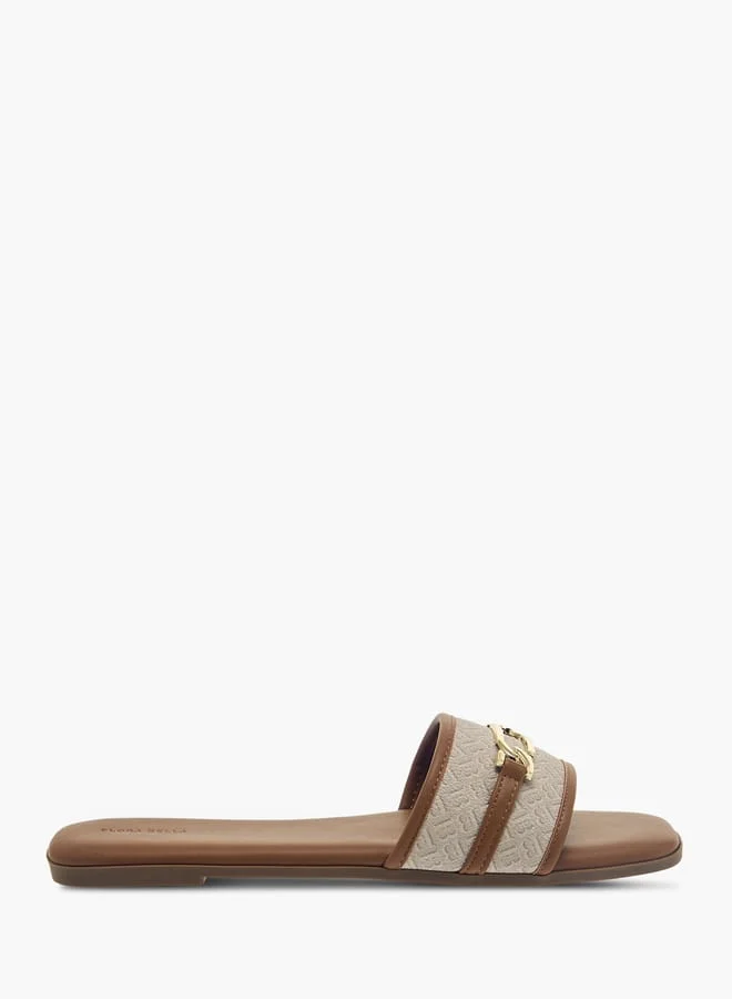 Flora Bella By Shoexpress Womens Monogram Print Slip-On Sandals With Metal Accent