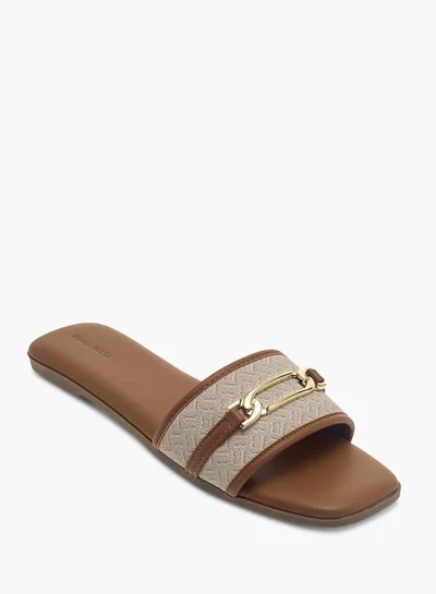 Flora Bella By Shoexpress Womens Monogram Print Slip-On Sandals With Metal Accent