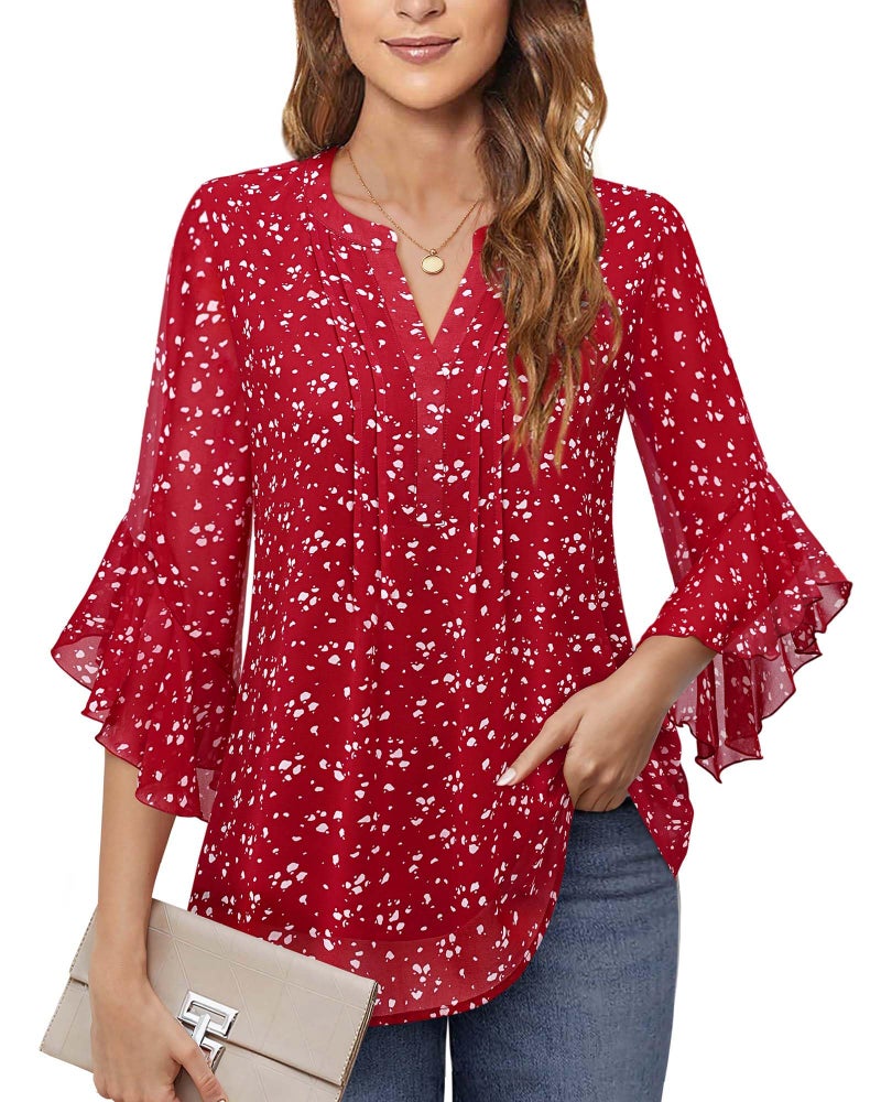 Timeson Womens Tops Dressy Casual: 3/4 Sleeve - Red Blouses for Women - Womens Dress Shirts Business Attire Professional Work Clothes Chiffon Ladies Tops Office Wear Fall Formal Interview Outfits M - Image 3