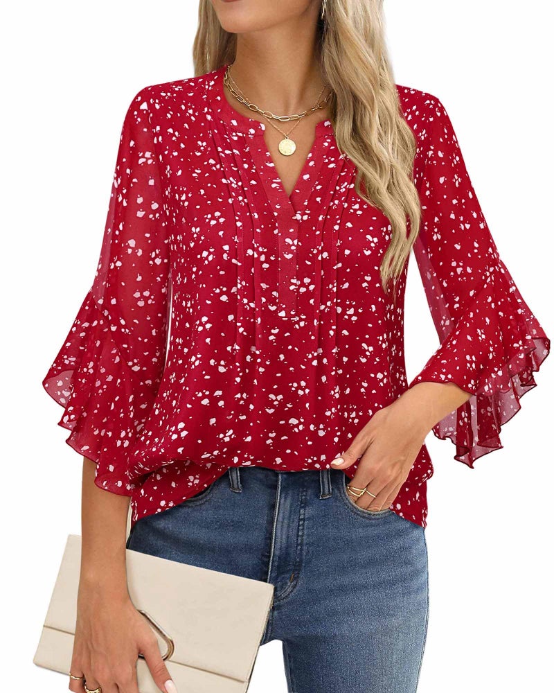 Timeson Womens Tops Dressy Casual: 3/4 Sleeve - Red Blouses for Women - Womens Dress Shirts Business Attire Professional Work Clothes Chiffon Ladies Tops Office Wear Fall Formal Interview Outfits M - Image 2