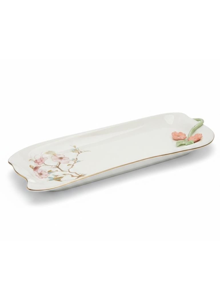 AKDC Angela Floral Classic 40x15cm Rectangular Ceramic Serving Tray, White - Image 1