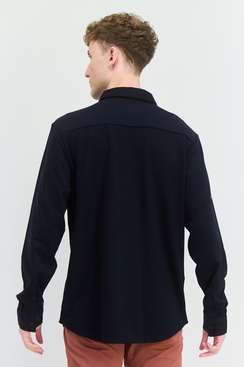 Threadbare Men Regular Fit Plain Long Sleeves Casual Shirt, Navy Blue - Image 3