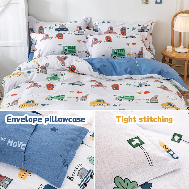 DJY Kids Car Duvet Cover Set Queen, 100% Cotton Cars Bus Print Bedding Set for Boys Girls, 3 Pieces Soft Breathable Reversible Comforter Cover Set (1 Duvet Cover+2 Pillowcase) - Image 4