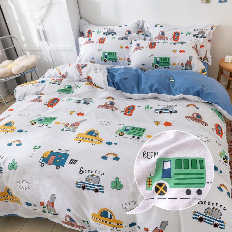 DJY Kids Car Duvet Cover Set Queen, 100% Cotton Cars Bus Print Bedding Set for Boys Girls, 3 Pieces Soft Breathable Reversible Comforter Cover Set (1 Duvet Cover+2 Pillowcase) - Image 5
