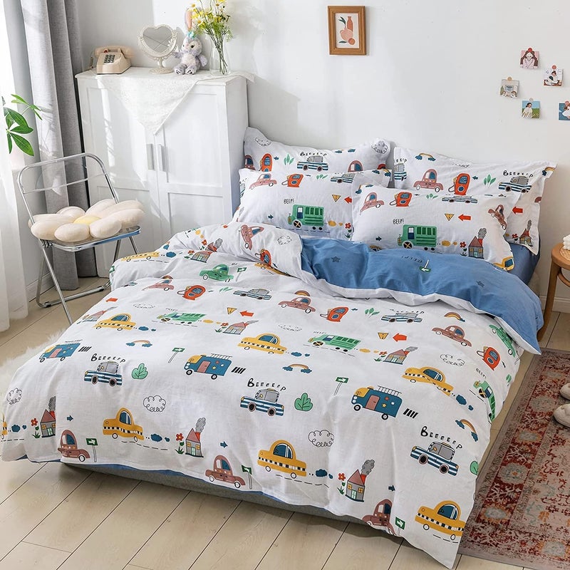 DJY Kids Car Duvet Cover Set Queen, 100% Cotton Cars Bus Print Bedding Set for Boys Girls, 3 Pieces Soft Breathable Reversible Comforter Cover Set (1 Duvet Cover+2 Pillowcase) - Image 2