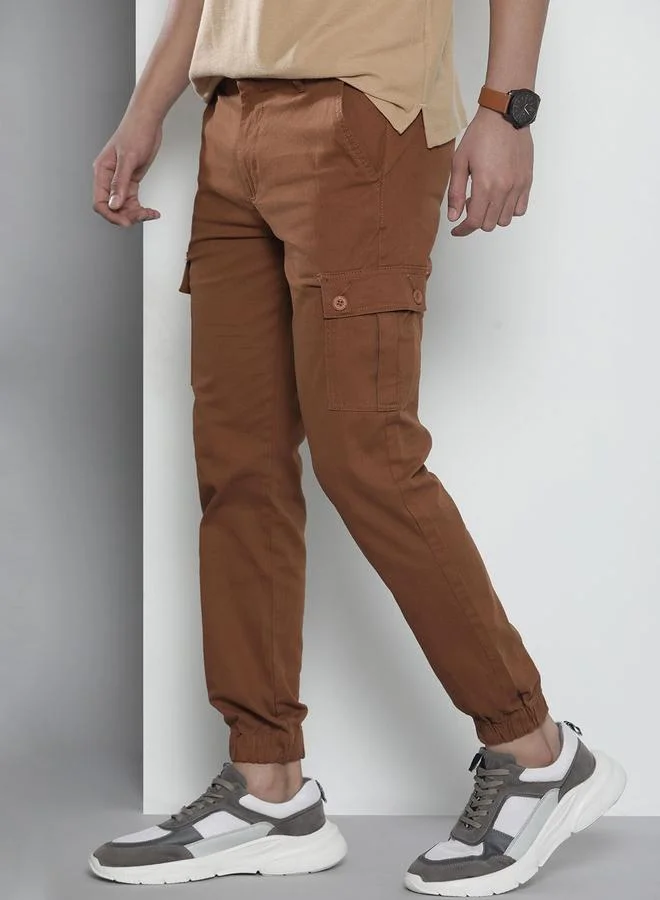 The Indian Garage Co Men Rust Solid Slim Fit Cargo Pants